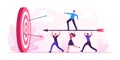 Business Goals Achievement Concept. Businesspeople Team Carry Huge Arrow with Businessman Standing on it Running