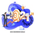 Business goals, investment strategy, income growth in new 2020 year. Vector illustration of businessman shoots target Royalty Free Stock Photo