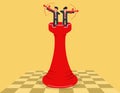 Business goals strategy. two businessmen stand on chess draw bows and arrows aiming at the target