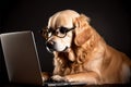 Business golden retriever in glasses uses a laptop. AI generated.