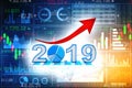 Business graph with arrow up and 2019 symbol, represents growth in the new year 2019. 3d render