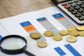Business graph with a calculator and coins on the table. Close-up. Business analysis concept and development strategy. Royalty Free Stock Photo
