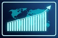 Business graph with growing rising arrow and world map on blue background Royalty Free Stock Photo