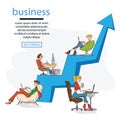 Business graph growth concept vector illustration of professional people working together as team and sitting on arrow Royalty Free Stock Photo