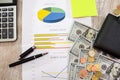 Business graph and money. View from above. Business concept. Analysis and business strategy. Royalty Free Stock Photo