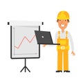 Business graph with positive indicator. Builder holds laptop and smiles. Vector characters