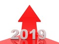 Business graph with red arrow up, represents growth in the year 2019.