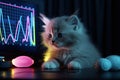 Business graph on screen of computer and cute kitten