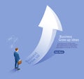 Business grow up ideas. Businessman looking white arrow grow up vector isometric illustration