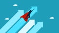Business grows. High performance or leadership. Businessman superhero flying in the sky with growth arrows Royalty Free Stock Photo