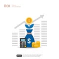 Business growth arrows to success. Sacks of dollar plant, calculator and coins symbol. Return on investment vector illustration
