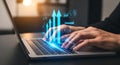 Business Growth Data Analytics Technology with Glowing Blue Arrows on Laptop Keyboard for Digital Success Royalty Free Stock Photo