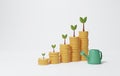 Business growth, finance and profit. Tree on a pile of developed coins growing on white background