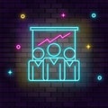 Business growth, graph, multicolor neon icon on dark brick wall Royalty Free Stock Photo