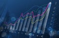 Business growth, progress or success concept. Financial bar chart and growing graphs with depth of field on dark blue background Royalty Free Stock Photo