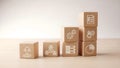 Business Growth Strategy Steps on Wooden Blocks with Data Process Icons, Light Background Copy Space Royalty Free Stock Photo