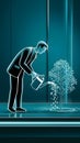 Business growth symbolized by suited figure watering tree against teal backdrop