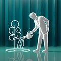 Business growth symbolized by suited figure watering tree against teal backdrop