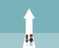 Business growth vector concept with people walking towards upwards arrow.