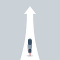 Business growth vector concept with woman walking towards upwards arrow. Symbol of success, promotion, career