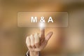 Business hand clicking merger and acquisition button on blurred Royalty Free Stock Photo