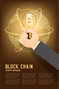 Business Hand hold Incandescent light bulb switch on set Bitcoin Cryptocurrency symbol with geometric circle pattern globe, Blockc Royalty Free Stock Photo