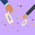 Business hand hold polling for vote president. Vote concept flat drawn style vector design