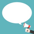 Business hand holding megaphone and blank speech bubble, flat de Royalty Free Stock Photo