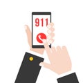 business hand holding smart phone calling police 911 from application, flat design