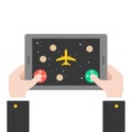 Business hand holding tablet playing spaceship game, falt design Royalty Free Stock Photo