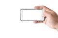 Hand man hold mobile phone with white screen Royalty Free Stock Photo