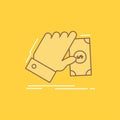 business, hand, money, earn, dollar Flat Line Filled Icon. Beautiful Logo button over yellow background for UI and UX, website or Royalty Free Stock Photo