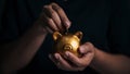 Business hand protecting and saving gold piggy bank, Stock funding or money saving. financial investment concept, Stack of the Royalty Free Stock Photo