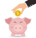 Business Hand Putting Gold Coin Into Cute Piggy Bank, Saving conept