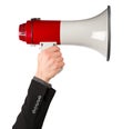 Business hand with red white bullhorn megaphone