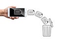 Business hand throw data file from mobile to trash