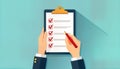 Business hands hold clipboard with checklist. Person checking tasks on list. Efficient task management illustrated. Modern office
