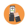 Business hands holding phone with wifi icon on screen