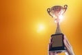 Business hands holding trophy cup on golden background. Royalty Free Stock Photo