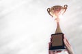 Business hands holding trophy cup on white background. Royalty Free Stock Photo
