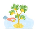Business hands money. Growing tree and hand with golden flowers coins and dollar cash, successful investment and cash Royalty Free Stock Photo