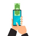 Business hands sending money wireless mobile phones. Vector digital mobile wallet vector concept icon. smartphone screen