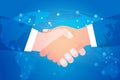 Business handshake against blue background over connection on world map Royalty Free Stock Photo