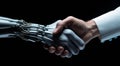 business handshake on the background of the people, handshake of people and bionic robot