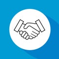 Business handshake, contract agreement, line art vector icon for apps and websites on blue background. Royalty Free Stock Photo