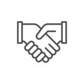 Business handshake, contract agreement, partnership line icon.