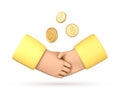 Business handshake and gold coins. Business partnership, effective and beneficial cooperation, deal making, agreement concept.