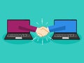Business handshake through laptop. The concept of making deals online Royalty Free Stock Photo