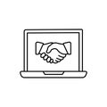 Business handshake on laptop screen vector line icon