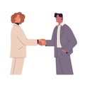 Business handshake of man and woman. Female and male partners shaking hands, agreeing on deal, partnership. Work